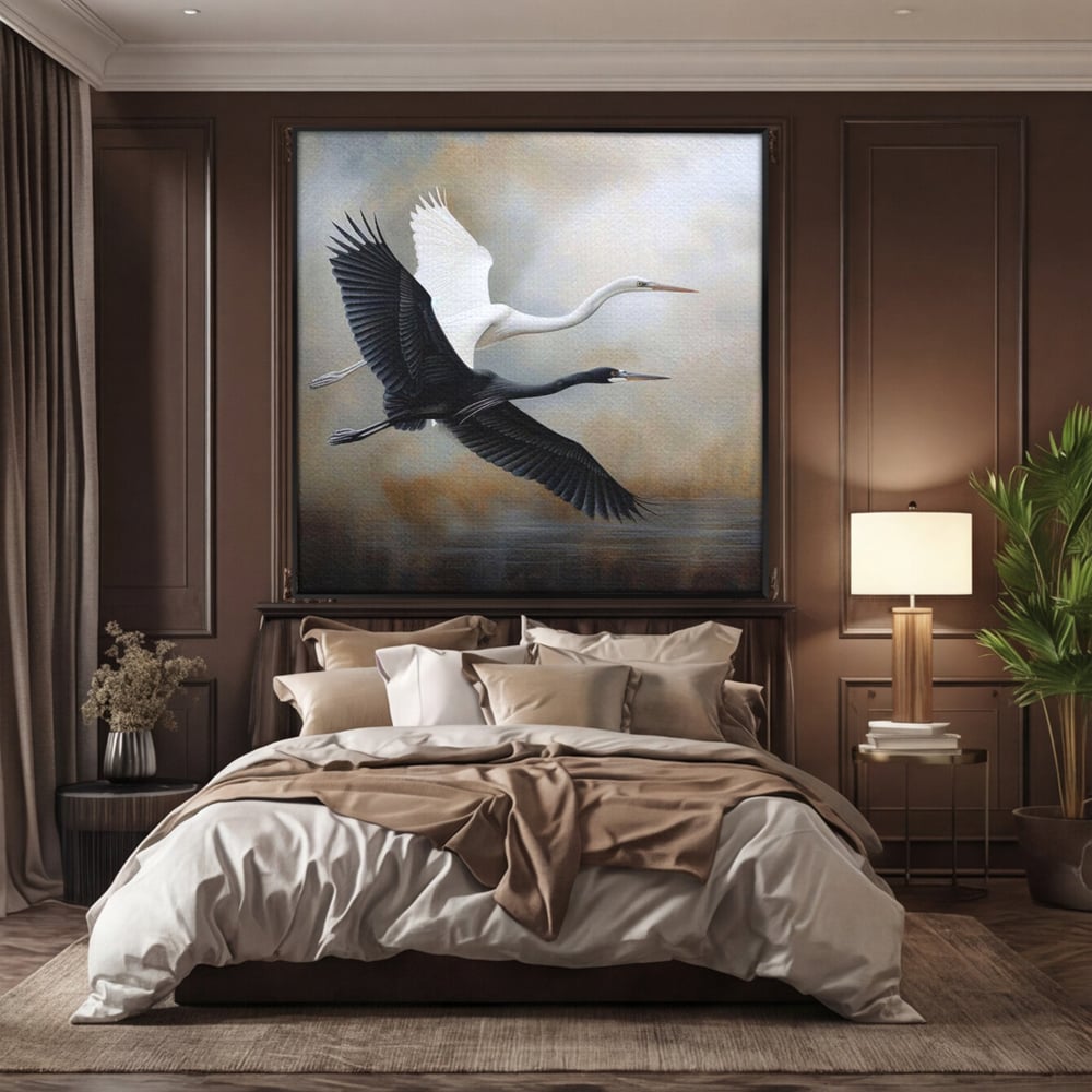 Tablou canvas cu tablou canvas cu doua pasari in zbor, in rama de aluminiu negru, pe perete intr-un dormitor
